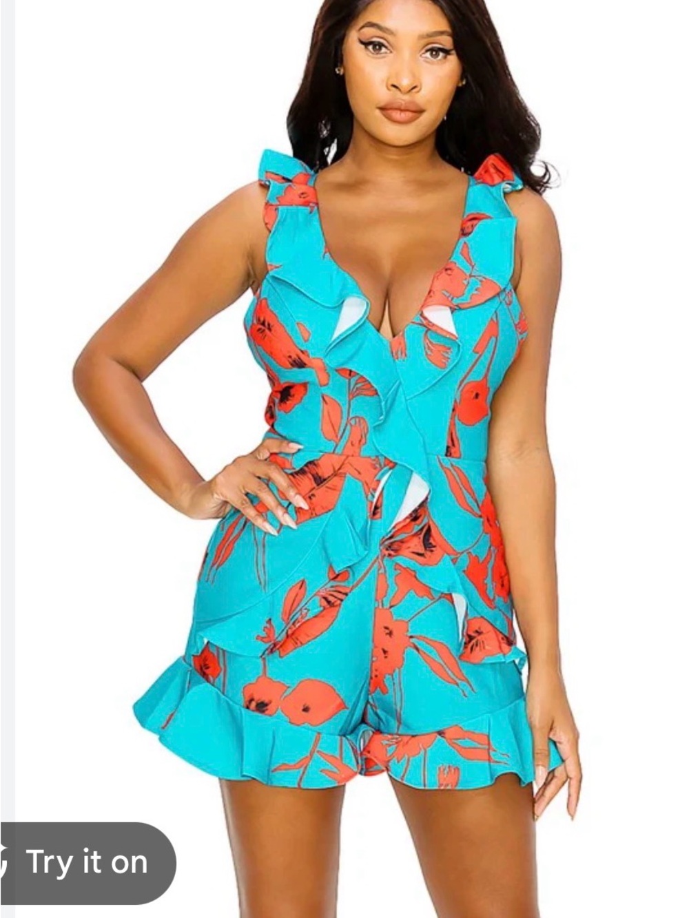 Turquoise Floral Ruffle Romper
